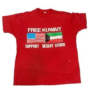 Vintage 90s Free Kuwait Support Desert Storm T-Shirt Red Screen Stars Large USA